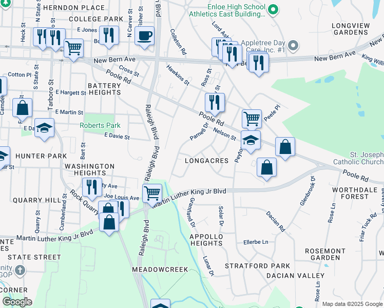 map of restaurants, bars, coffee shops, grocery stores, and more near 2113 Ramseur Street in Raleigh