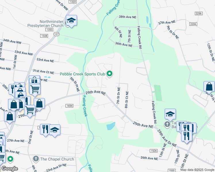 map of restaurants, bars, coffee shops, grocery stores, and more near 3040 30th Avenue Circle Northeast in Hickory