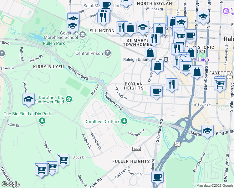 map of restaurants, bars, coffee shops, grocery stores, and more near 1007 West South Street in Raleigh