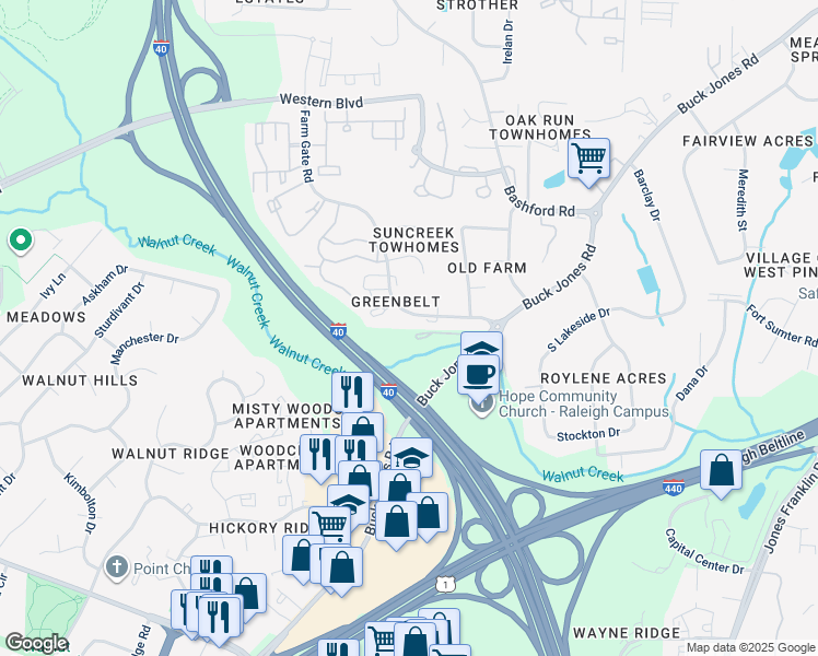 map of restaurants, bars, coffee shops, grocery stores, and more near 5931 Farm Gate Road in Raleigh