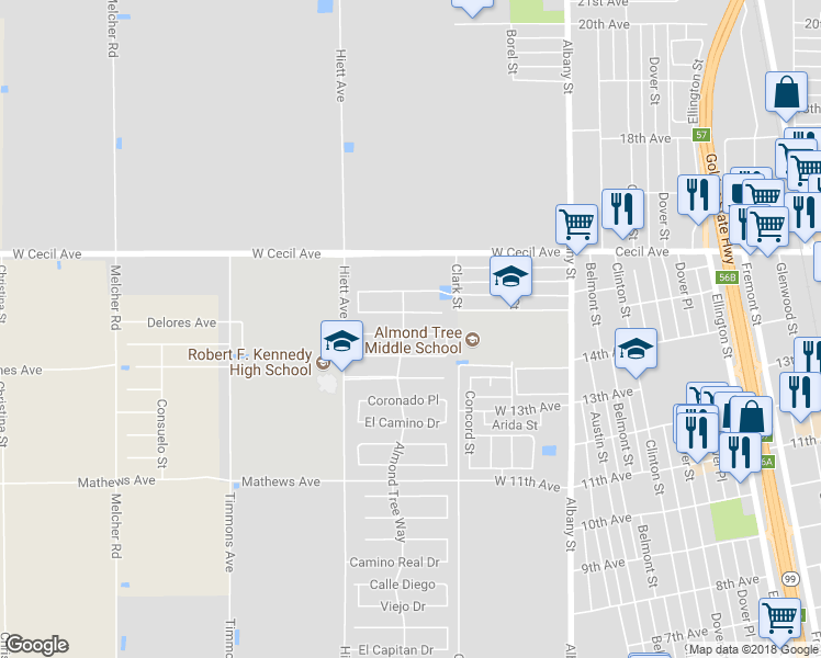 map of restaurants, bars, coffee shops, grocery stores, and more near 1470 Almond Tree Way in Delano
