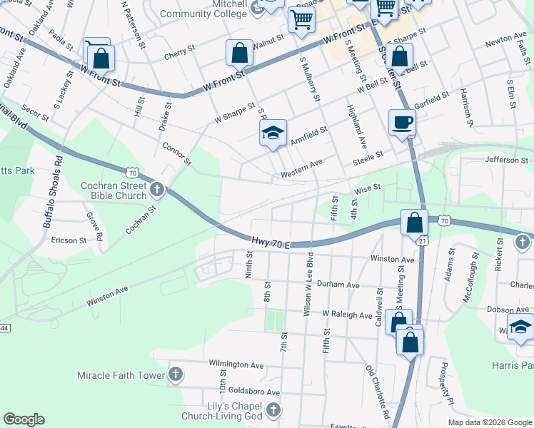 map of restaurants, bars, coffee shops, grocery stores, and more near 834 8th Street in Statesville