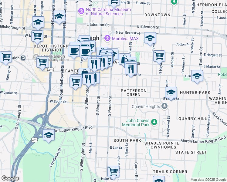 map of restaurants, bars, coffee shops, grocery stores, and more near 513 South Person Street in Raleigh