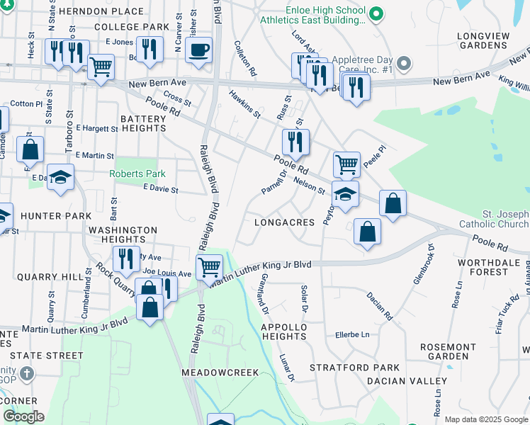 map of restaurants, bars, coffee shops, grocery stores, and more near 2113 Ramseur Street in Raleigh