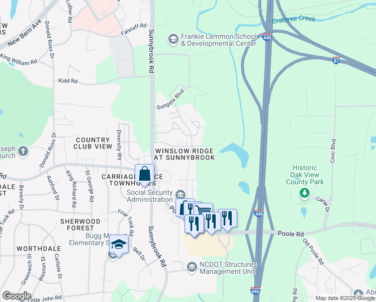 map of restaurants, bars, coffee shops, grocery stores, and more near 509 Erie Road in Raleigh