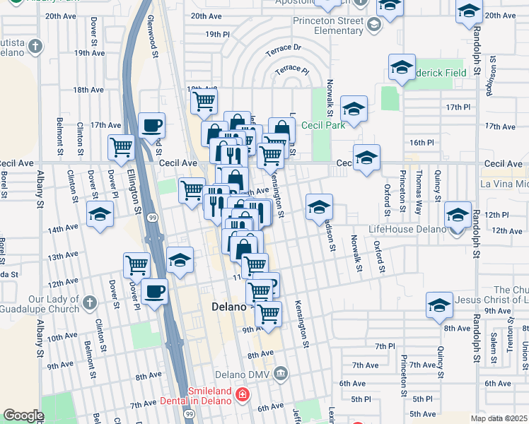 map of restaurants, bars, coffee shops, grocery stores, and more near 1309 Jefferson Street in Delano