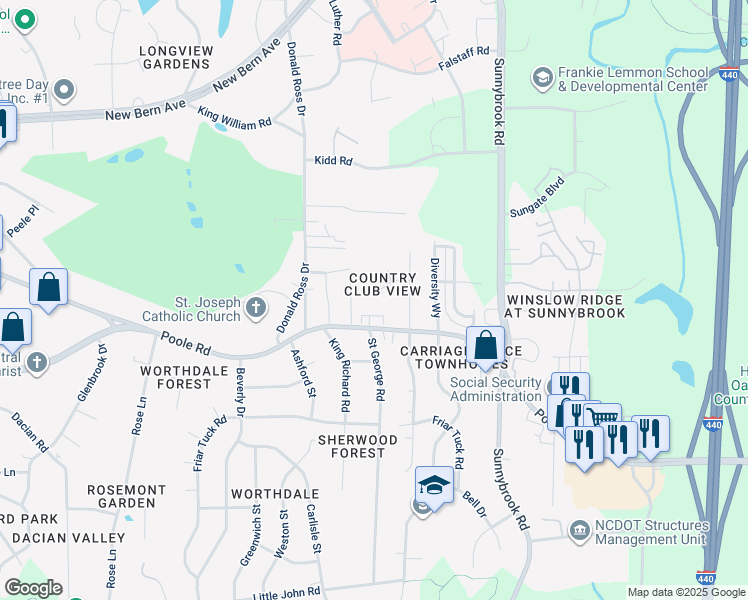 map of restaurants, bars, coffee shops, grocery stores, and more near 3104 Woodpecker Court in Raleigh