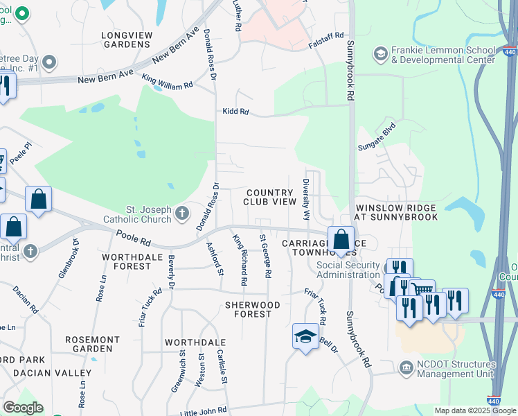 map of restaurants, bars, coffee shops, grocery stores, and more near 3104 Woodpecker Court in Raleigh