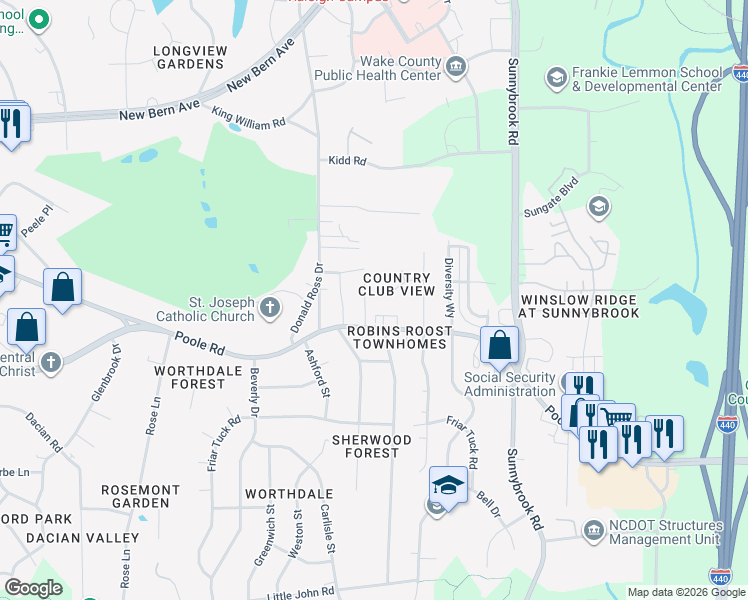 map of restaurants, bars, coffee shops, grocery stores, and more near 3104 Woodpecker Court in Raleigh