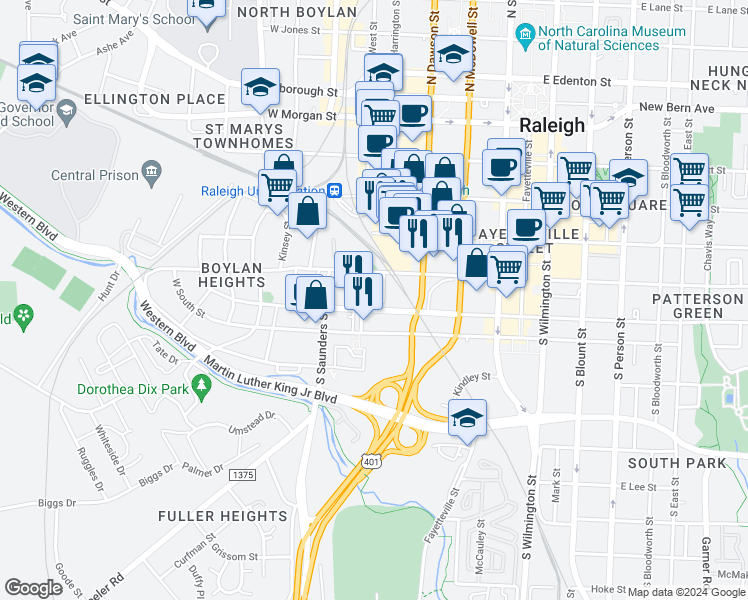 map of restaurants, bars, coffee shops, grocery stores, and more near in Raleigh