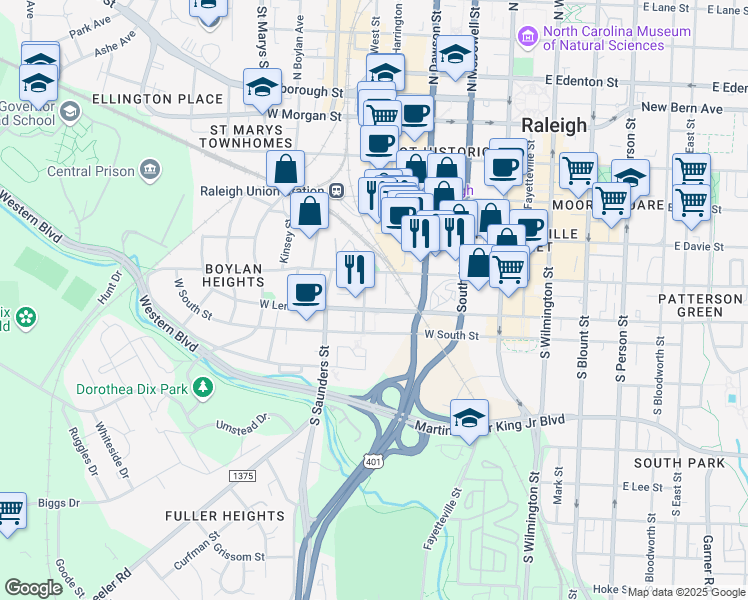 map of restaurants, bars, coffee shops, grocery stores, and more near in Raleigh