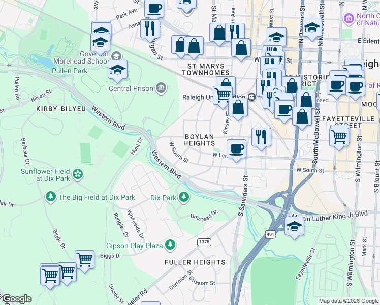 map of restaurants, bars, coffee shops, grocery stores, and more near 907 West Lenoir Street in Raleigh