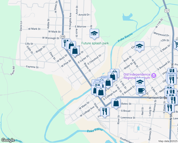 map of restaurants, bars, coffee shops, grocery stores, and more near 165 East Charles Street in Batesville