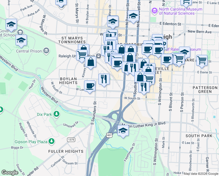map of restaurants, bars, coffee shops, grocery stores, and more near in Raleigh