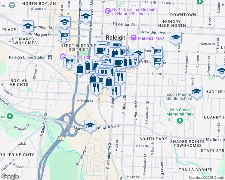 map of restaurants, bars, coffee shops, grocery stores, and more near 555 Fayetteville Street in Raleigh