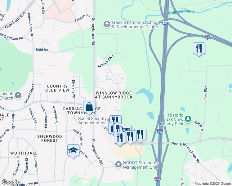 map of restaurants, bars, coffee shops, grocery stores, and more near 509 Erie Road in Raleigh