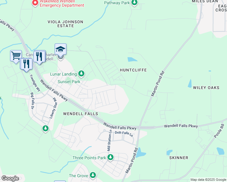 map of restaurants, bars, coffee shops, grocery stores, and more near 1501 Silver Elm Lane in Wendell