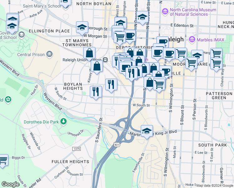map of restaurants, bars, coffee shops, grocery stores, and more near 523 South West Street in Raleigh