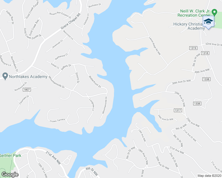 map of restaurants, bars, coffee shops, grocery stores, and more near 6706 Waterfront Drive in Hickory