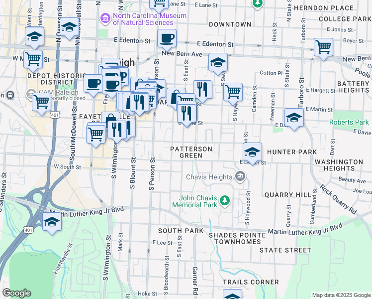 map of restaurants, bars, coffee shops, grocery stores, and more near 510 South East Street in Raleigh