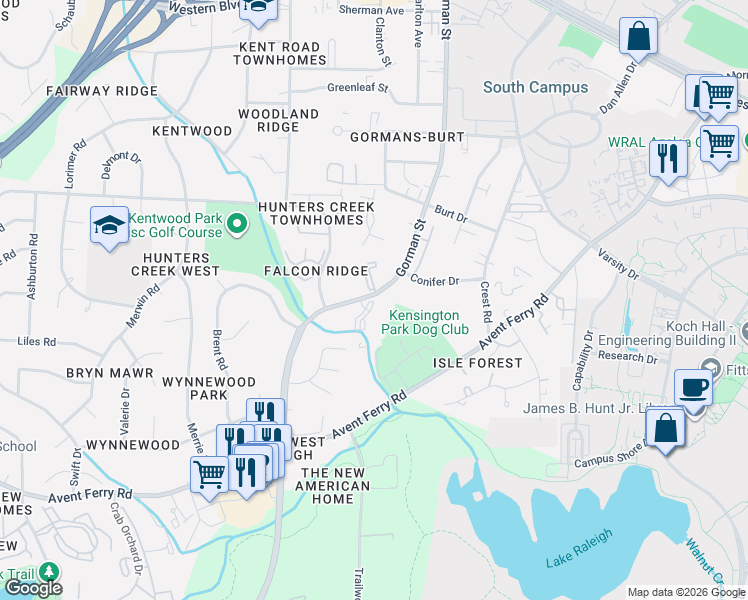 map of restaurants, bars, coffee shops, grocery stores, and more near 1501 Graduate Lane in Raleigh