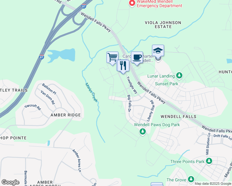 map of restaurants, bars, coffee shops, grocery stores, and more near 1941 Golden Spur Lane in Wendell
