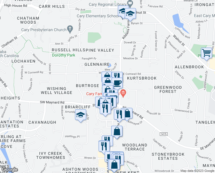 map of restaurants, bars, coffee shops, grocery stores, and more near 960 Kildaire Farm Road in Cary