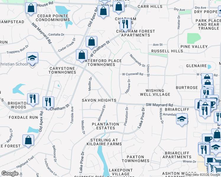 map of restaurants, bars, coffee shops, grocery stores, and more near 710 Southwest Maynard Road in Cary