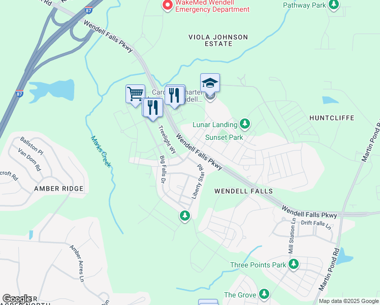 map of restaurants, bars, coffee shops, grocery stores, and more near Douglas Falls Drive in Wendell