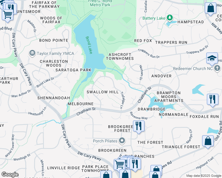 map of restaurants, bars, coffee shops, grocery stores, and more near 105 Wabash Circle in Cary