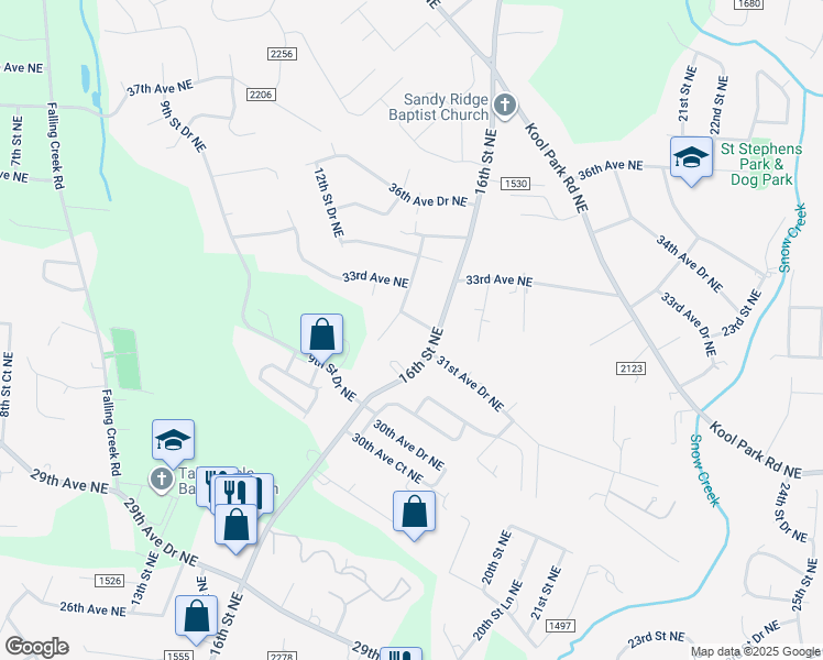 map of restaurants, bars, coffee shops, grocery stores, and more near 1524 32nd Avenue Place Northeast in Hickory