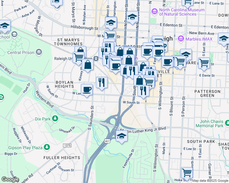 map of restaurants, bars, coffee shops, grocery stores, and more near 523 South Harrington Street in Raleigh