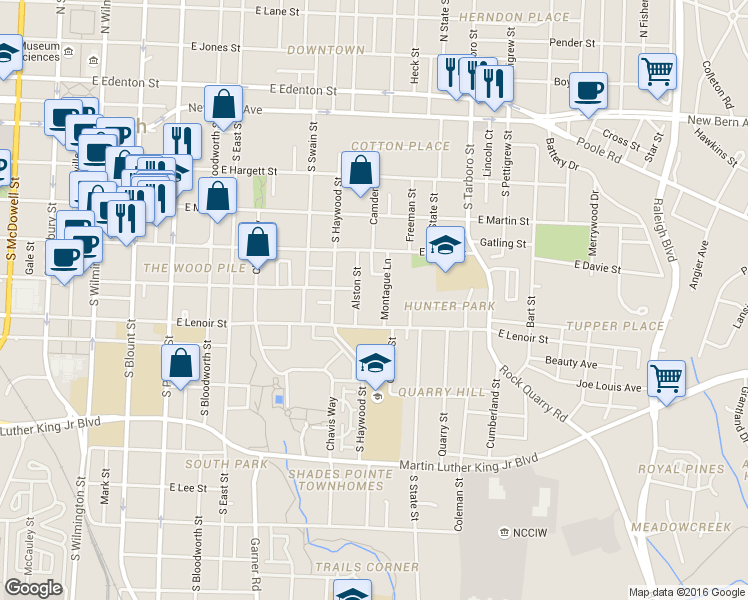 map of restaurants, bars, coffee shops, grocery stores, and more near 506 Montague Lane in Raleigh