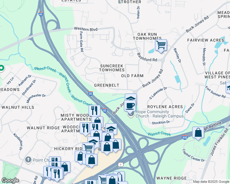 map of restaurants, bars, coffee shops, grocery stores, and more near 5921 Farm Gate Road in Raleigh