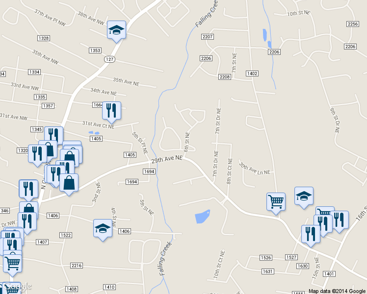 map of restaurants, bars, coffee shops, grocery stores, and more near 502 30th Avenue Circle Northeast in Hickory