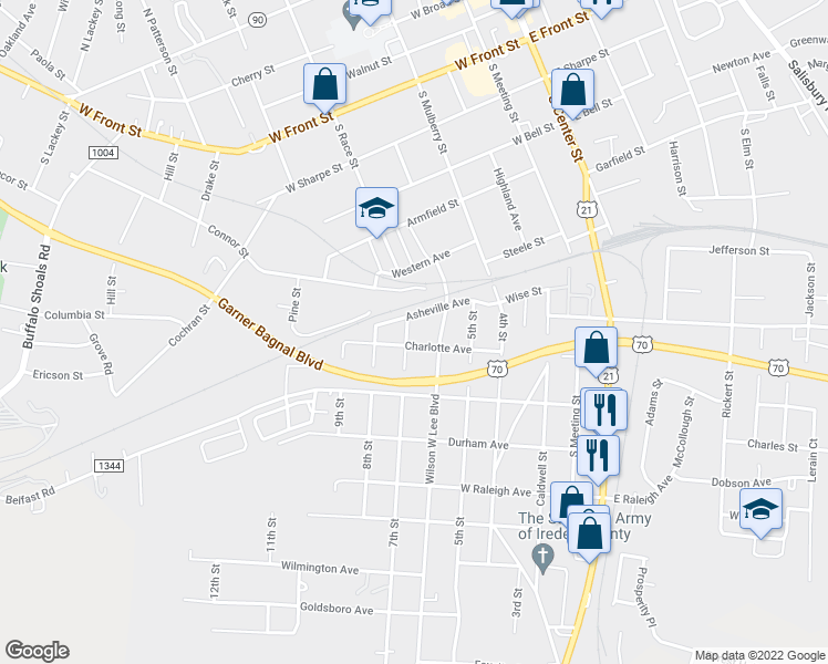 map of restaurants, bars, coffee shops, grocery stores, and more near 835 7th Street in Statesville