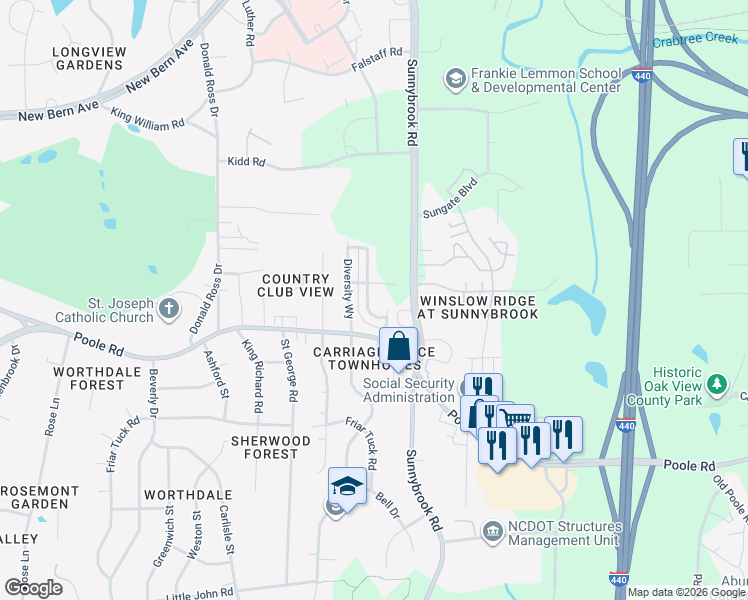 map of restaurants, bars, coffee shops, grocery stores, and more near 419 Sustainable Way in Raleigh