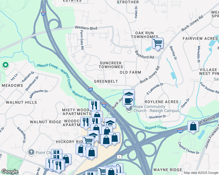 map of restaurants, bars, coffee shops, grocery stores, and more near 5931 Farm Gate Road in Raleigh