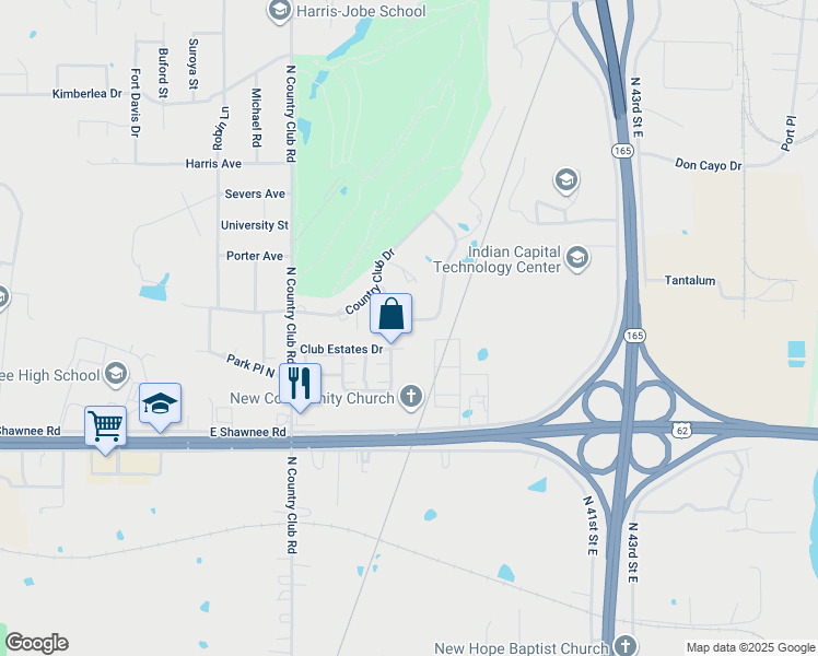 map of restaurants, bars, coffee shops, grocery stores, and more near 3721 Club View Drive in Muskogee
