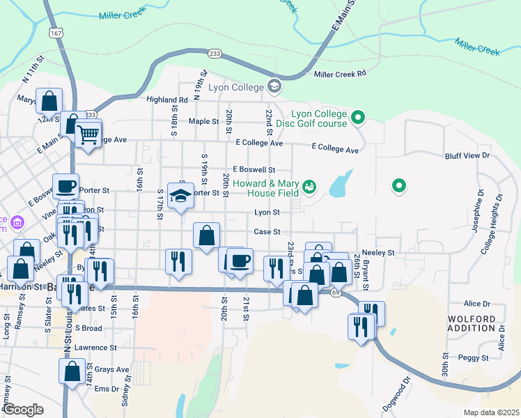 map of restaurants, bars, coffee shops, grocery stores, and more near 2165 Lyon Street in Batesville
