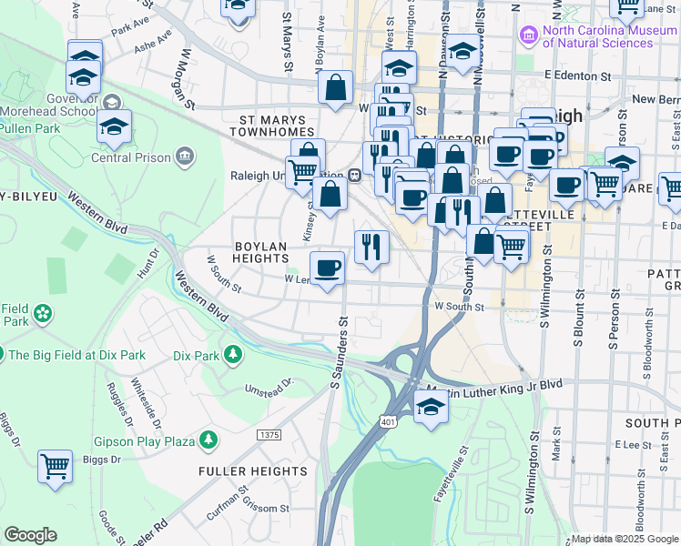map of restaurants, bars, coffee shops, grocery stores, and more near 516 South Saunders Street in Raleigh