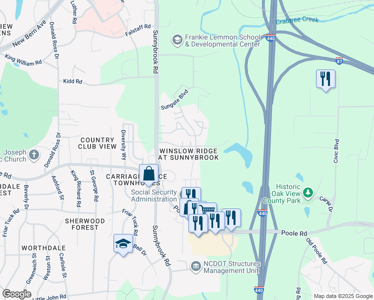 map of restaurants, bars, coffee shops, grocery stores, and more near 506 Erie Road in Raleigh