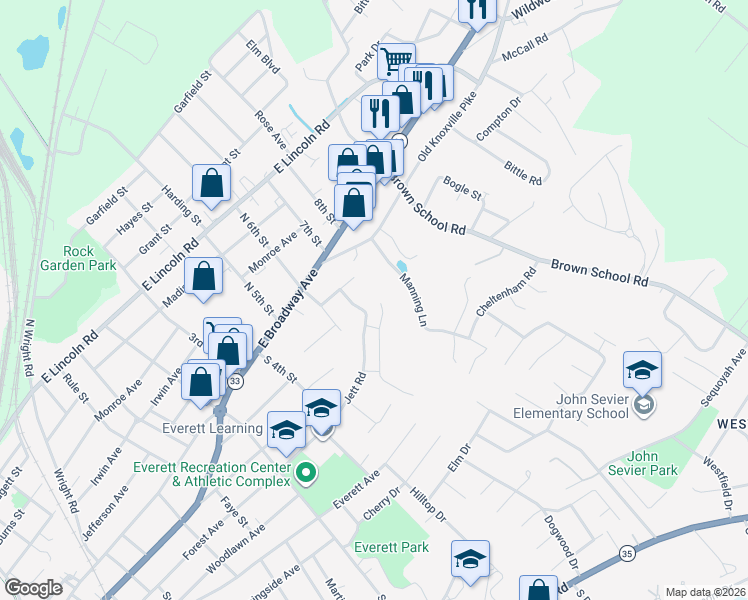 map of restaurants, bars, coffee shops, grocery stores, and more near 1802 Jett Road in Maryville
