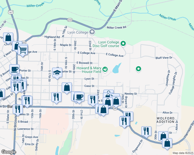 map of restaurants, bars, coffee shops, grocery stores, and more near 590 23rd Street in Batesville