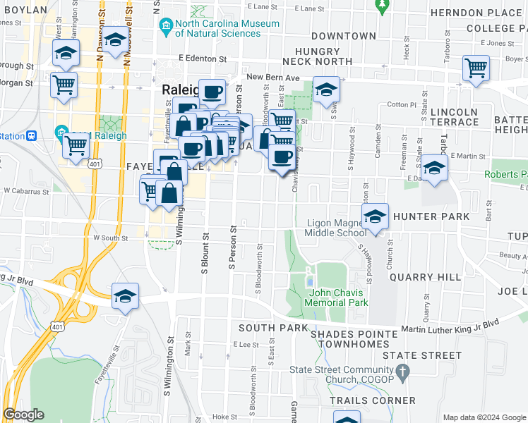 map of restaurants, bars, coffee shops, grocery stores, and more near 511 South Bloodworth Street in Raleigh
