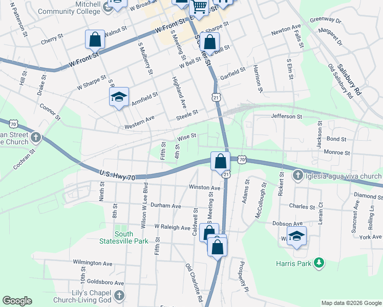 map of restaurants, bars, coffee shops, grocery stores, and more near 722 Willie Beatty Court in Statesville