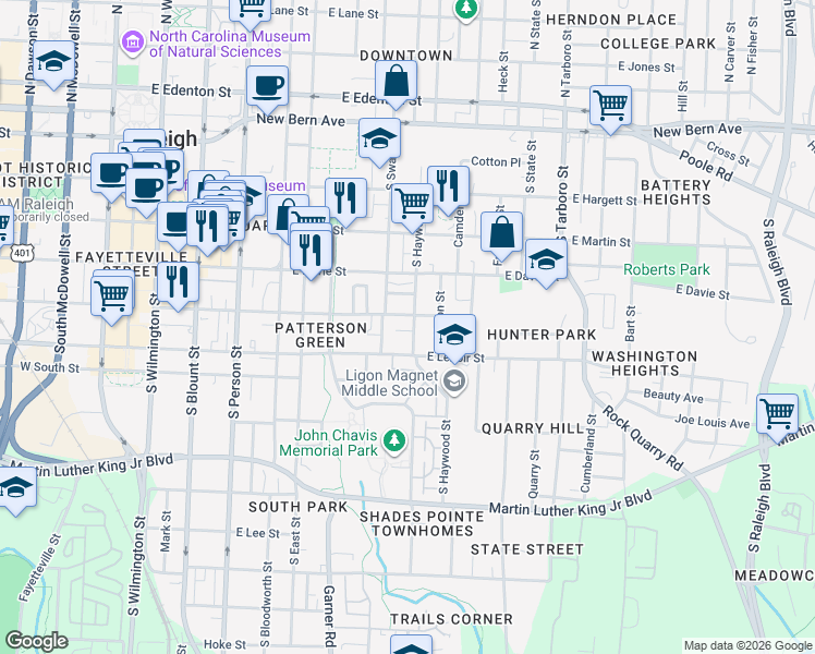 map of restaurants, bars, coffee shops, grocery stores, and more near 609 Hay Lane in Raleigh