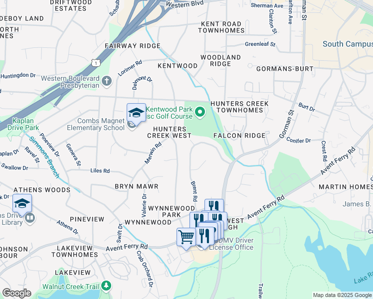 map of restaurants, bars, coffee shops, grocery stores, and more near 517 Merrie Road in Raleigh