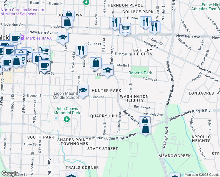 map of restaurants, bars, coffee shops, grocery stores, and more near 839 Postell Street in Raleigh