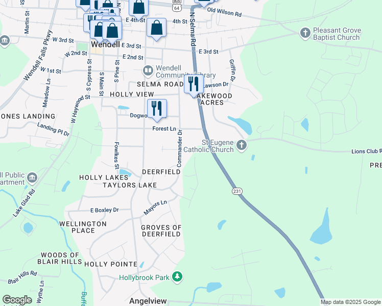 map of restaurants, bars, coffee shops, grocery stores, and more near 20 West Canterbury Court in Wendell